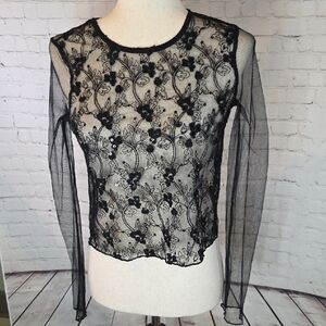 Twinkle by Wenlan Black Floral Embroidered Mesh Top Size Small
